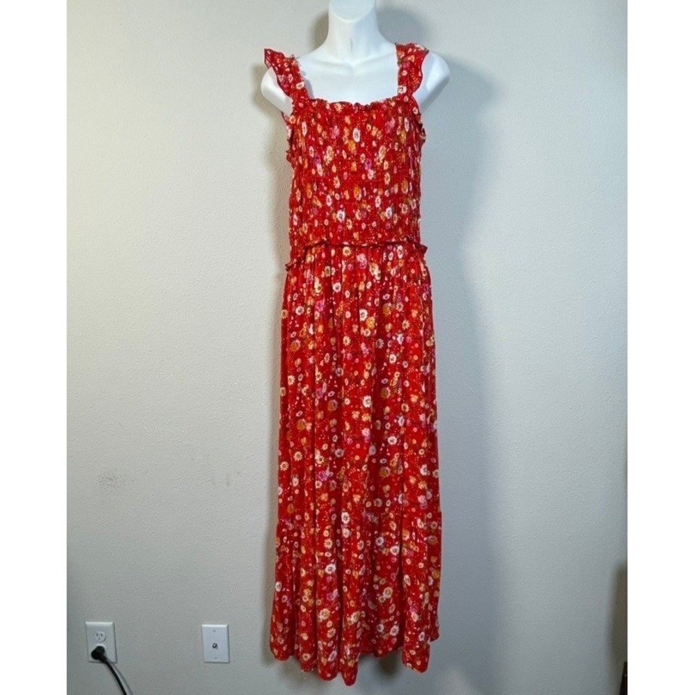 Chenault Floral Maxi Dress Womens XL Red Smocked Ruffle Boho Cottagecore Daisy